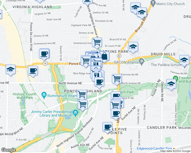 map of restaurants, bars, coffee shops, grocery stores, and more near in Atlanta
