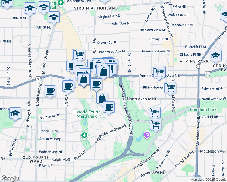map of restaurants, bars, coffee shops, grocery stores, and more near 658 Bonaventure Avenue Northeast in Atlanta