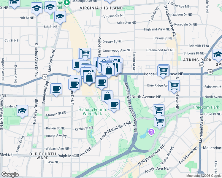 map of restaurants, bars, coffee shops, grocery stores, and more near 643 Somerset Terrace Northeast in Atlanta