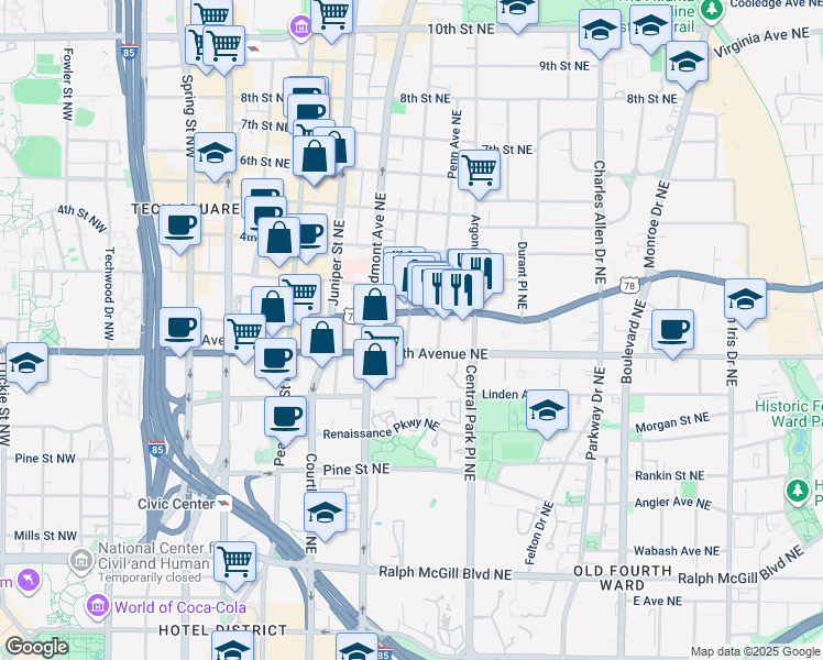 map of restaurants, bars, coffee shops, grocery stores, and more near 239 U.S. 278 in Atlanta