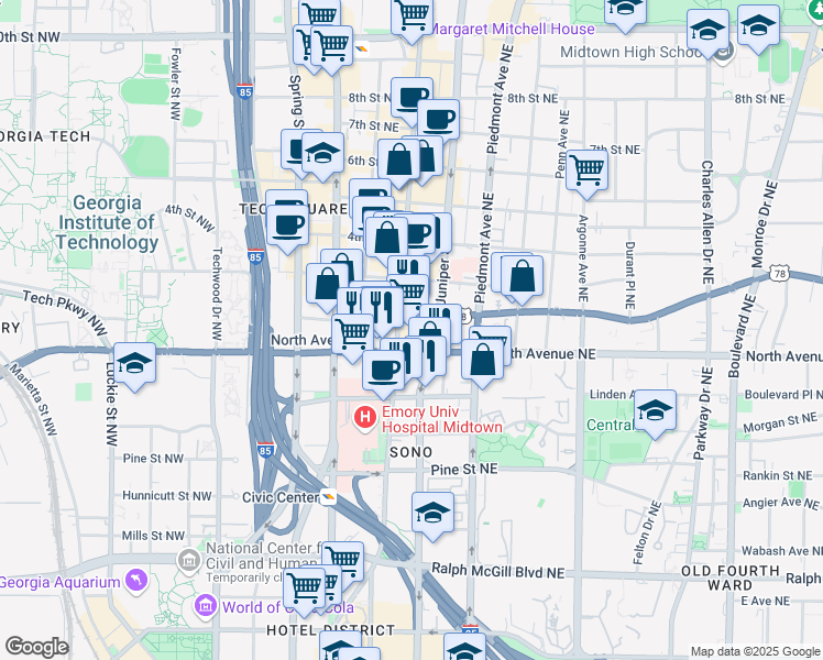 map of restaurants, bars, coffee shops, grocery stores, and more near 81 Ponce De Leon Avenue Northeast in Atlanta