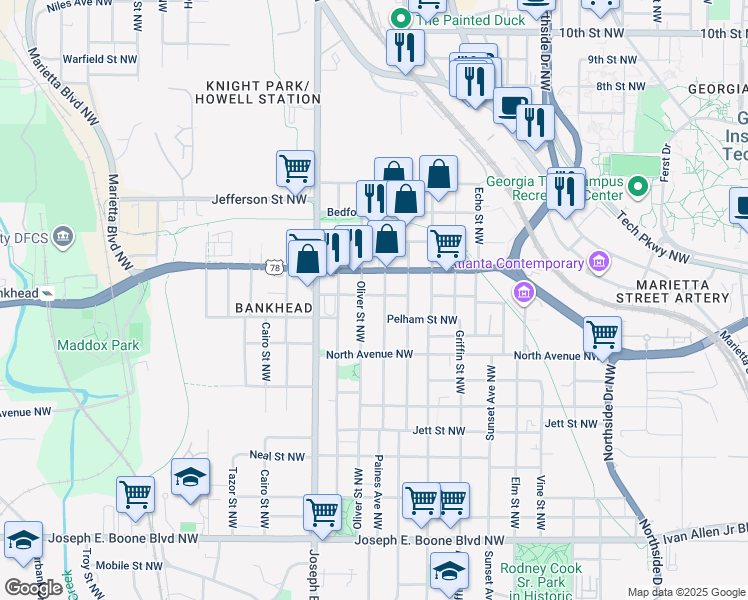 map of restaurants, bars, coffee shops, grocery stores, and more near 851 Fox Street Northwest in Atlanta