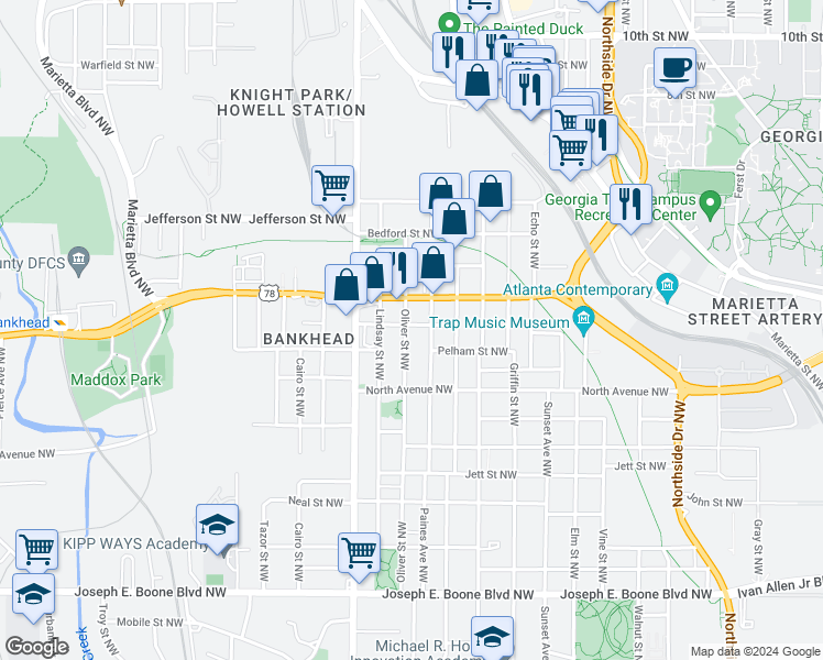 map of restaurants, bars, coffee shops, grocery stores, and more near 848 Fox Street Northwest in Atlanta