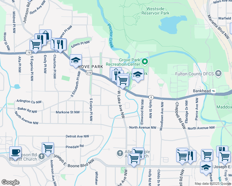 map of restaurants, bars, coffee shops, grocery stores, and more near 602 West Lake Avenue Northwest in Atlanta