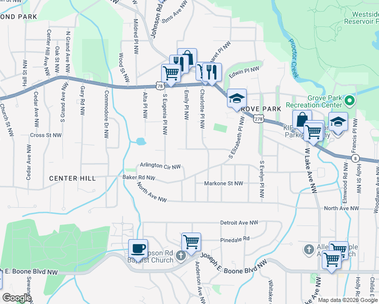 map of restaurants, bars, coffee shops, grocery stores, and more near 1954 Maywood Place Northwest in Atlanta