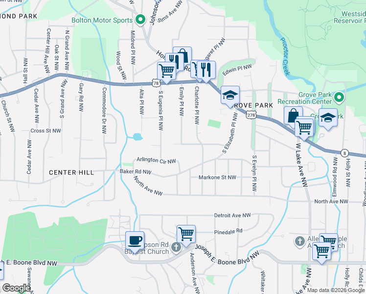 map of restaurants, bars, coffee shops, grocery stores, and more near 1941 Maywood Place Northwest in Atlanta