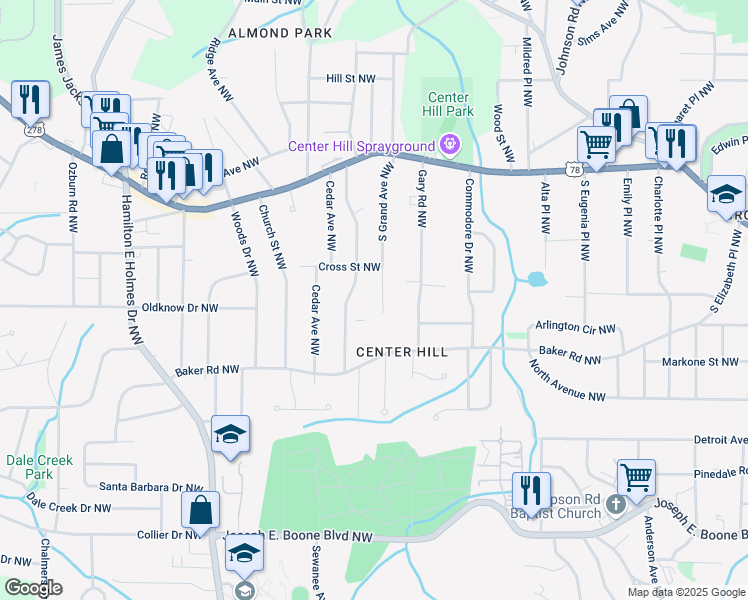 map of restaurants, bars, coffee shops, grocery stores, and more near 624 South Grand Avenue Northwest in Atlanta