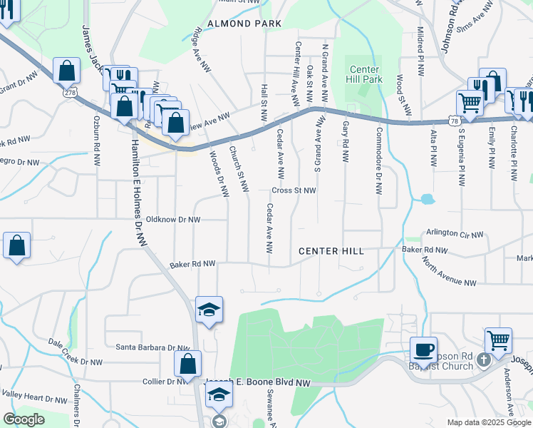 map of restaurants, bars, coffee shops, grocery stores, and more near 637 Church Street Northwest in Atlanta