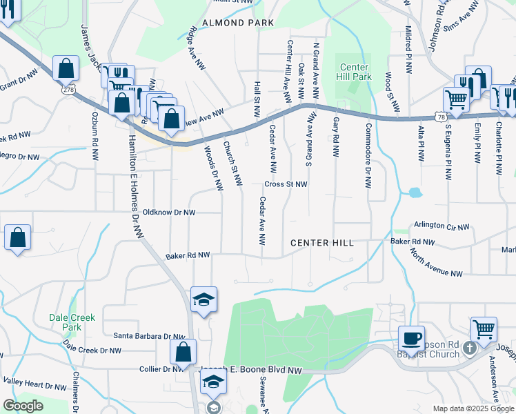 map of restaurants, bars, coffee shops, grocery stores, and more near 637 Church Street Northwest in Atlanta