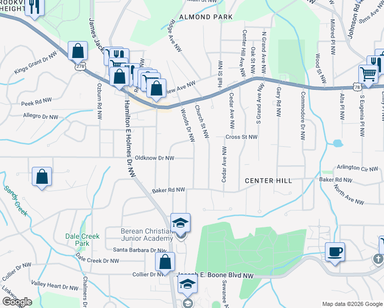 map of restaurants, bars, coffee shops, grocery stores, and more near 614 Woods Drive Northwest in Atlanta