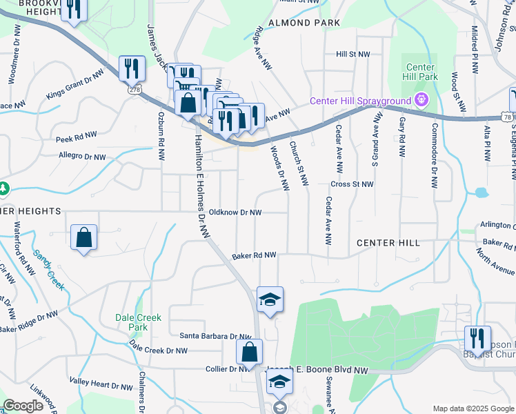 map of restaurants, bars, coffee shops, grocery stores, and more near 2529 Oldknow Drive Northwest in Atlanta