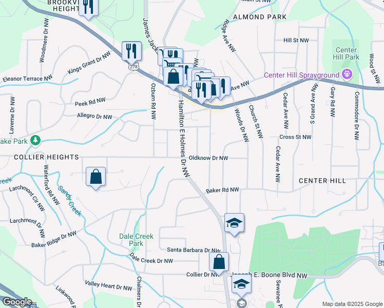 map of restaurants, bars, coffee shops, grocery stores, and more near 2621 Oldknow Drive Northwest in Atlanta