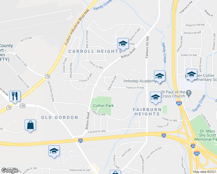 map of restaurants, bars, coffee shops, grocery stores, and more near 3519 Adkins Road Northwest in Atlanta