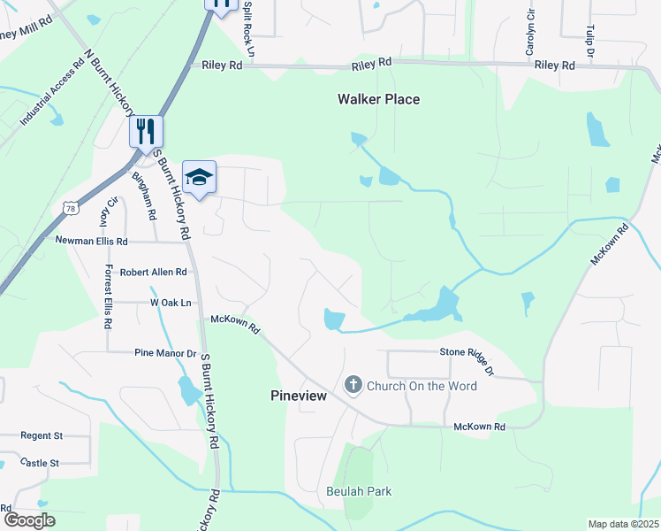 map of restaurants, bars, coffee shops, grocery stores, and more near 3858 Glenlake Drive in Douglasville