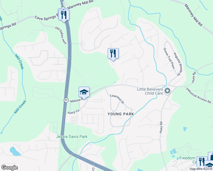 map of restaurants, bars, coffee shops, grocery stores, and more near 6592 Malone Road in Douglasville