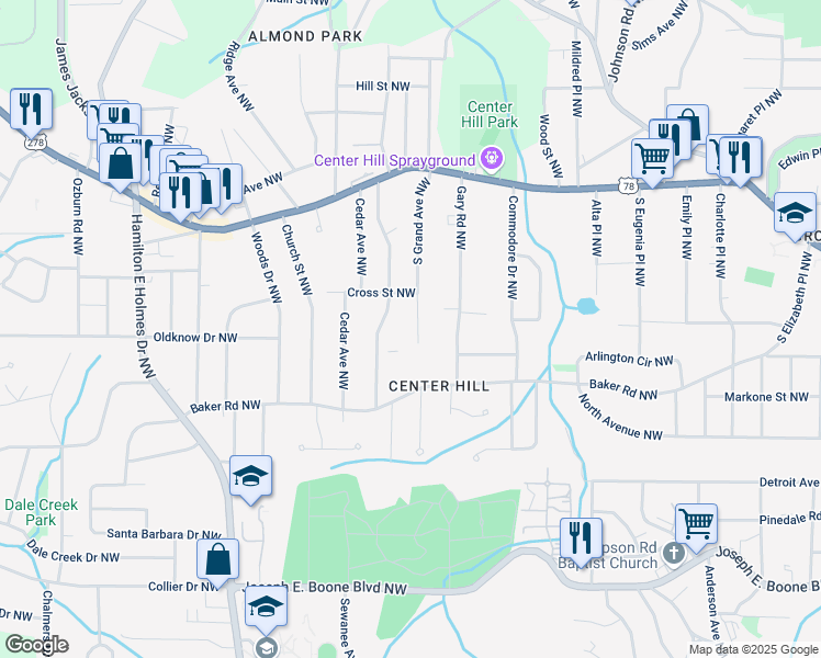 map of restaurants, bars, coffee shops, grocery stores, and more near 624 South Grand Avenue Northwest in Atlanta