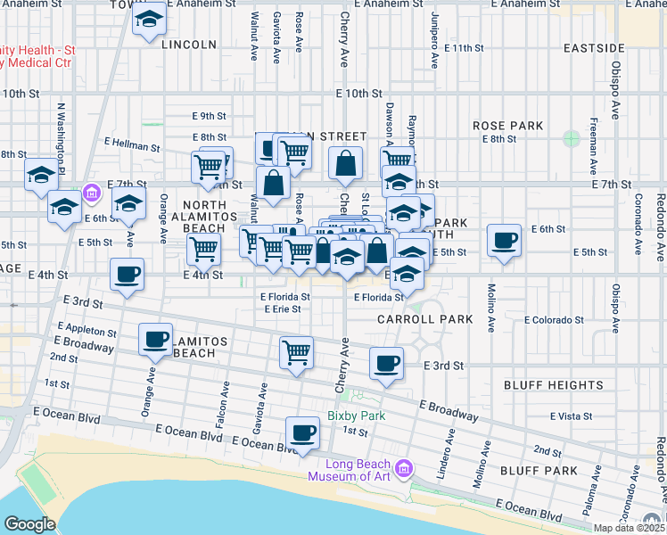 map of restaurants, bars, coffee shops, grocery stores, and more near 426 Rose Place in Long Beach