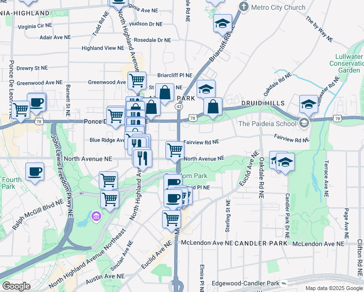map of restaurants, bars, coffee shops, grocery stores, and more near 1181 Fairview Road Northeast in Atlanta