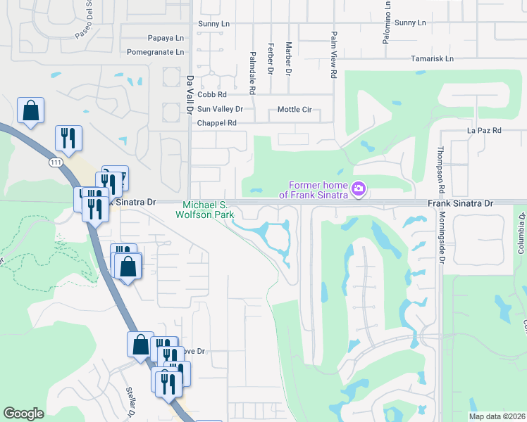 map of restaurants, bars, coffee shops, grocery stores, and more near 11 Tennis Club Drive in Rancho Mirage