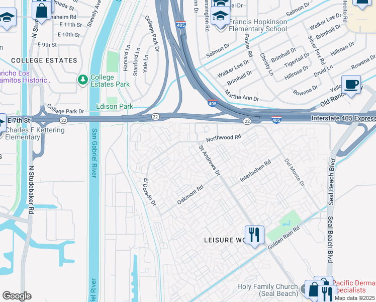 map of restaurants, bars, coffee shops, grocery stores, and more near 1271 Kenwood Road in Seal Beach