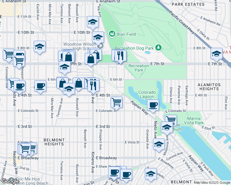 map of restaurants, bars, coffee shops, grocery stores, and more near 4713 East 4th Street in Long Beach
