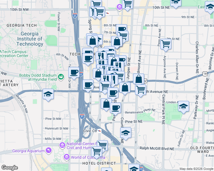 map of restaurants, bars, coffee shops, grocery stores, and more near in Atlanta