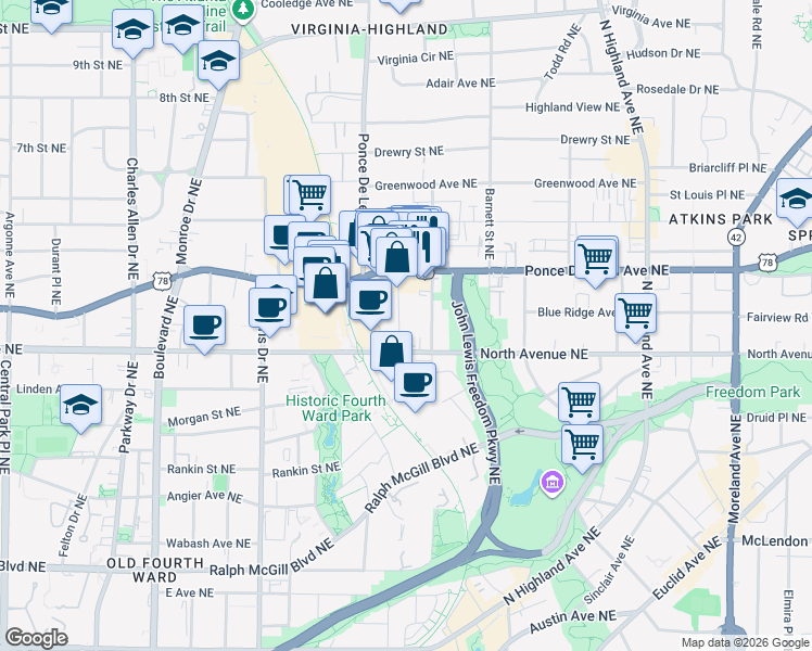 map of restaurants, bars, coffee shops, grocery stores, and more near 643 Somerset Terrace Northeast in Atlanta