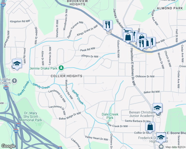 map of restaurants, bars, coffee shops, grocery stores, and more near 2833 Oldknow Drive Northwest in Atlanta