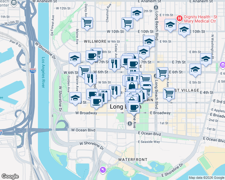 map of restaurants, bars, coffee shops, grocery stores, and more near 323 West 4th Street in Long Beach