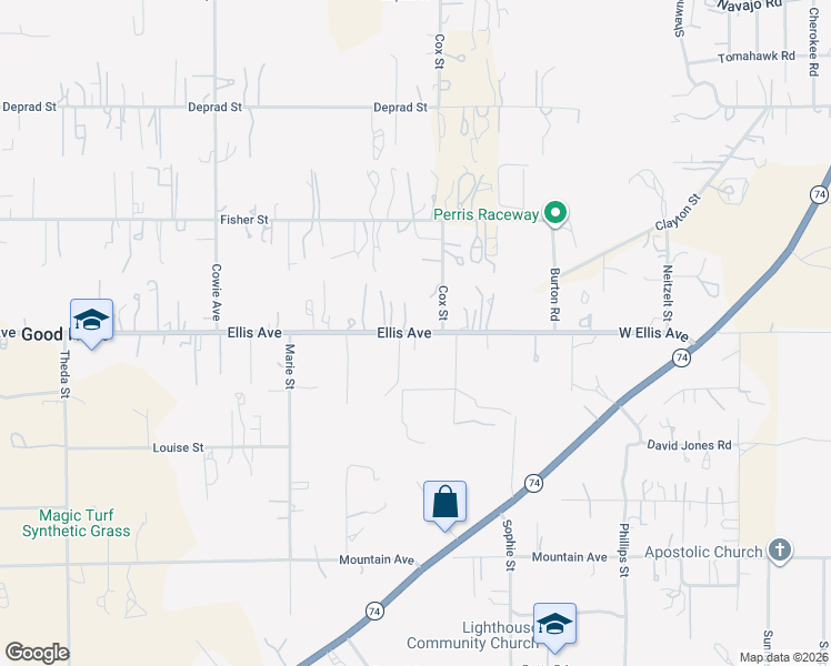 map of restaurants, bars, coffee shops, grocery stores, and more near Ellis Avenue in Perris