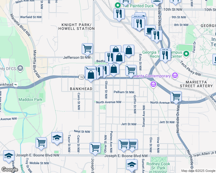 map of restaurants, bars, coffee shops, grocery stores, and more near 848 Fox Street Northwest in Atlanta