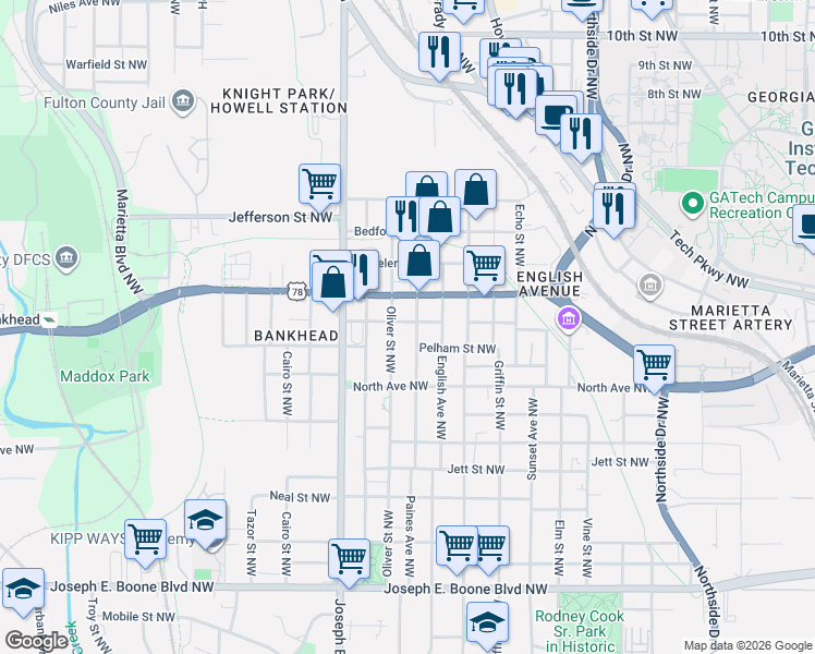 map of restaurants, bars, coffee shops, grocery stores, and more near 838 Fox Street Northwest in Atlanta