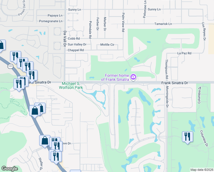 map of restaurants, bars, coffee shops, grocery stores, and more near 89 Tennis Club Drive in Rancho Mirage