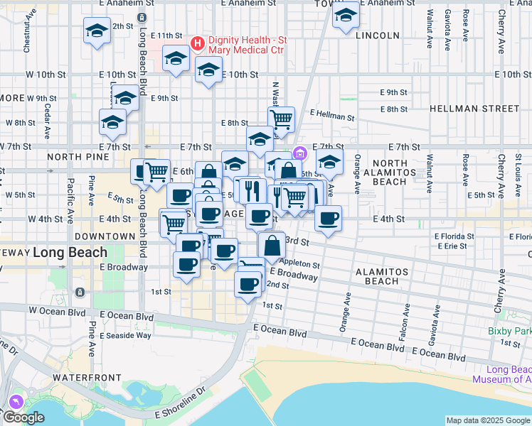 map of restaurants, bars, coffee shops, grocery stores, and more near 819 East 4th Street in Long Beach