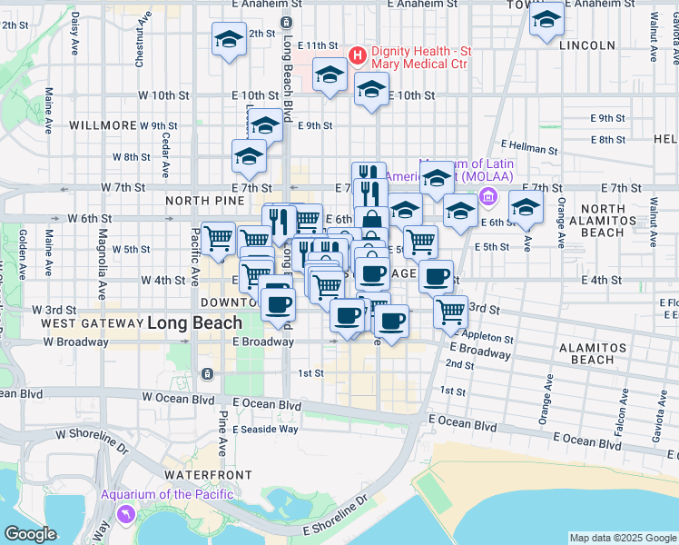 map of restaurants, bars, coffee shops, grocery stores, and more near 433 Linden Avenue in Long Beach