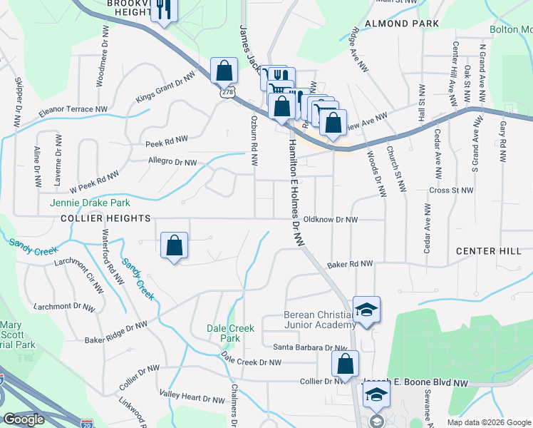 map of restaurants, bars, coffee shops, grocery stores, and more near 633 Ozburn Road Northwest in Atlanta