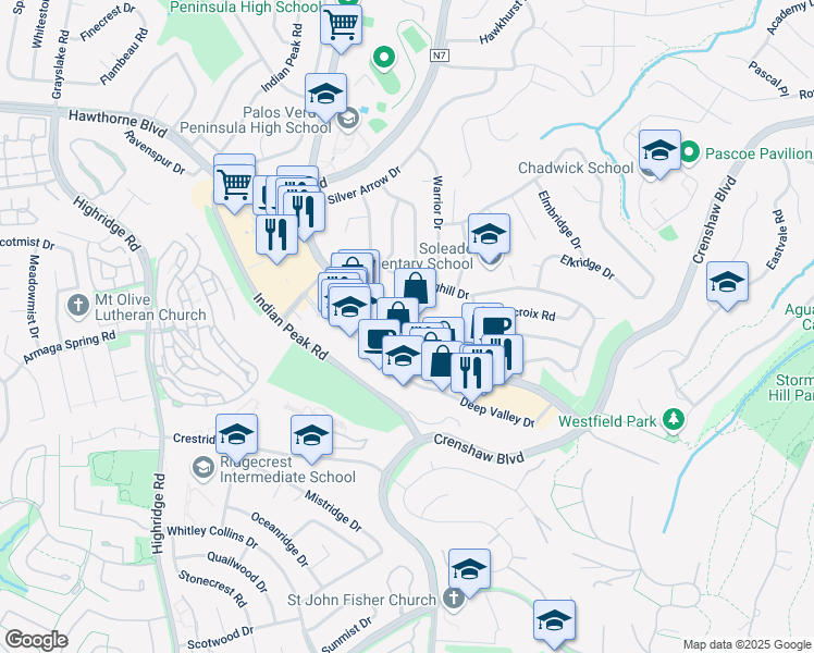 map of restaurants, bars, coffee shops, grocery stores, and more near 100 Silver Spur Road in Rolling Hills Estates