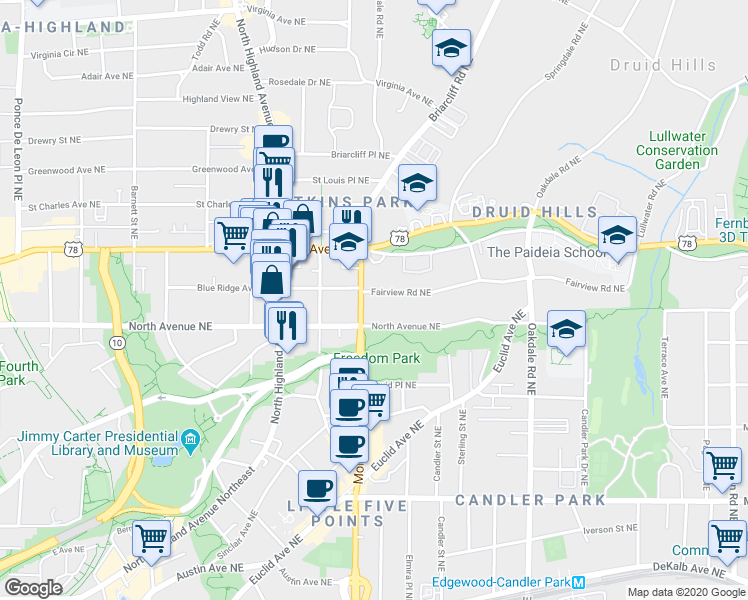 map of restaurants, bars, coffee shops, grocery stores, and more near 1191 Fairview Road Northeast in Atlanta