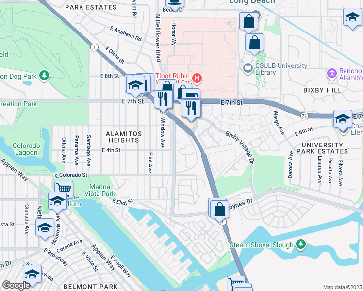 map of restaurants, bars, coffee shops, grocery stores, and more near 552 North Bellflower Boulevard in Long Beach