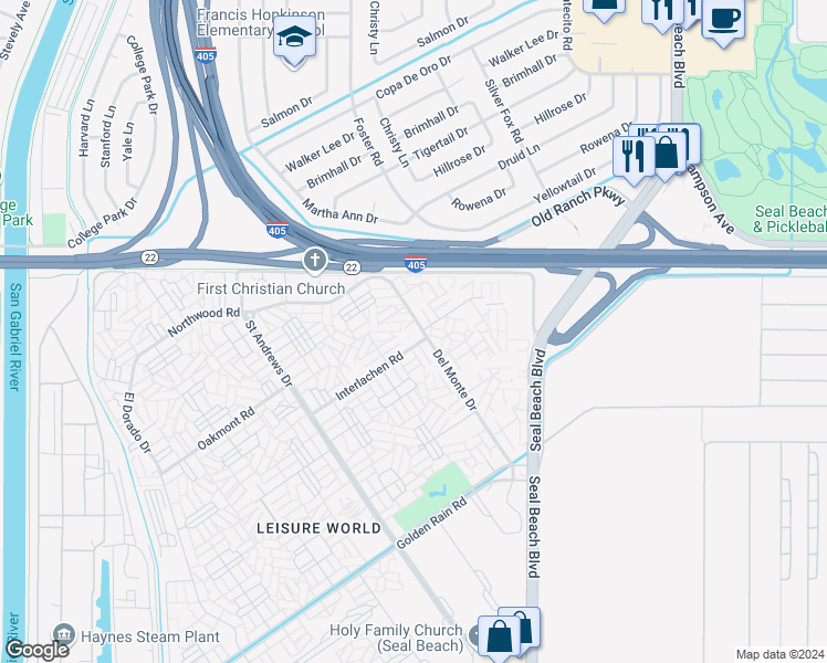 map of restaurants, bars, coffee shops, grocery stores, and more near 13141 Del Monte Drive in Seal Beach