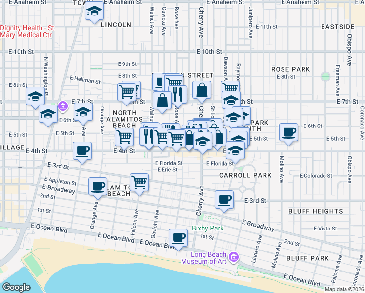 map of restaurants, bars, coffee shops, grocery stores, and more near 443 Rose Avenue in Long Beach