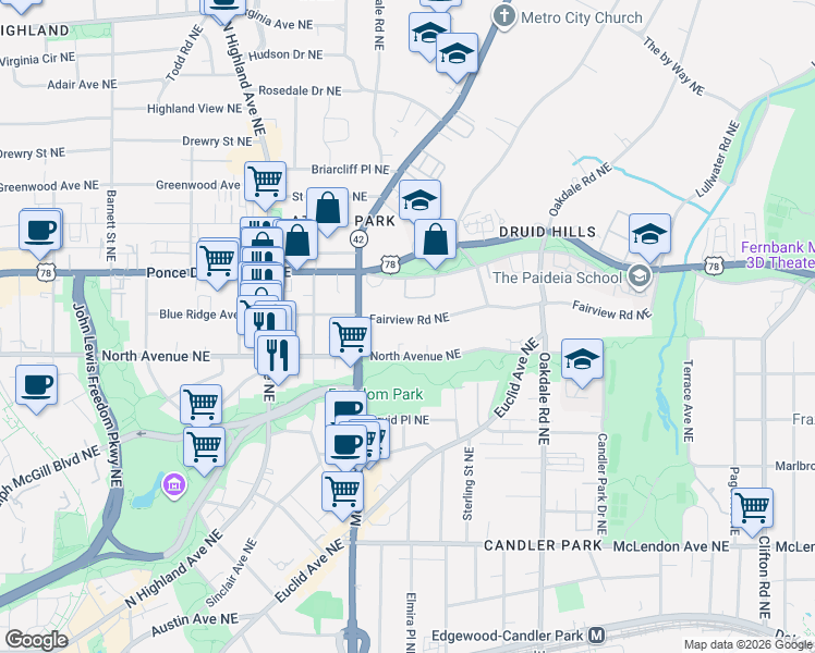 map of restaurants, bars, coffee shops, grocery stores, and more near 1231 Fairview Rd NE in Atlanta