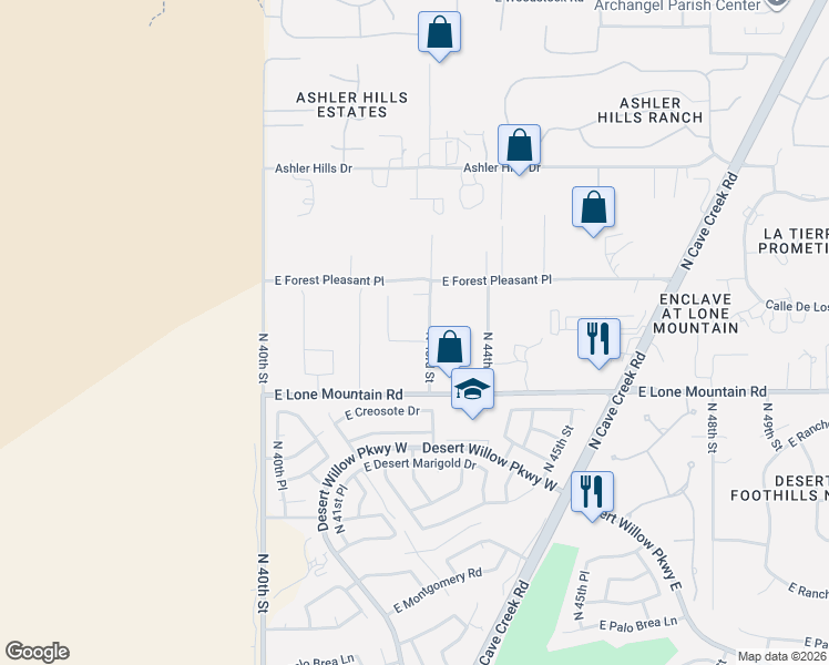 map of restaurants, bars, coffee shops, grocery stores, and more near 31619 North 42nd Place in Cave Creek