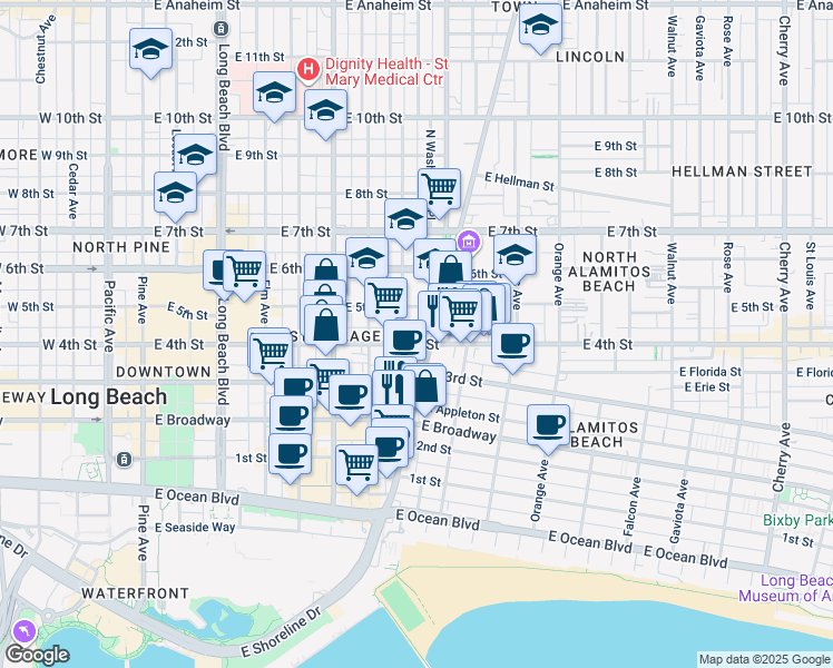map of restaurants, bars, coffee shops, grocery stores, and more near 819 East 4th Street in Long Beach