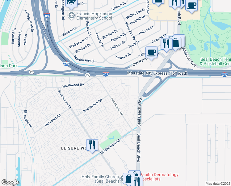 map of restaurants, bars, coffee shops, grocery stores, and more near 13140 Del Monte Drive in Seal Beach
