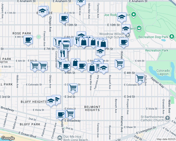 map of restaurants, bars, coffee shops, grocery stores, and more near 3818 East 5th Street in Long Beach