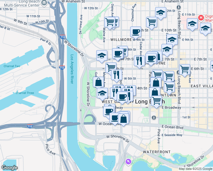 map of restaurants, bars, coffee shops, grocery stores, and more near 639 West 4th Street in Long Beach