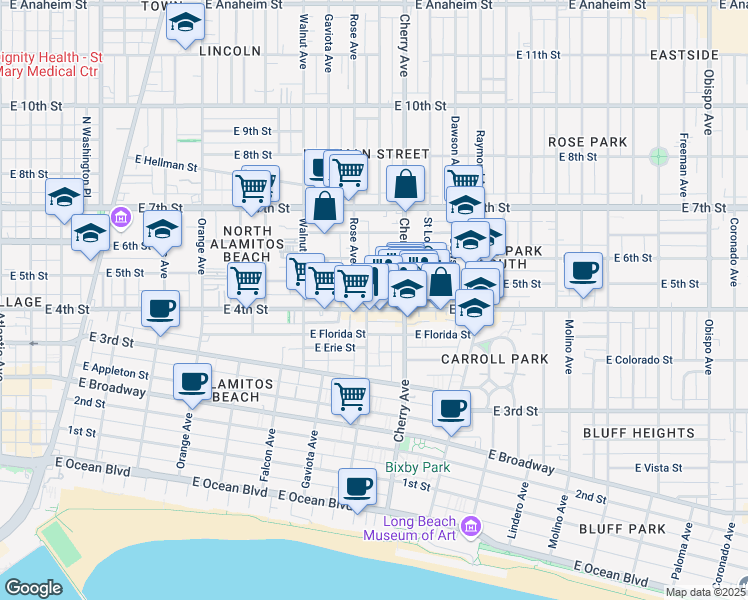 map of restaurants, bars, coffee shops, grocery stores, and more near 426 Rose Place in Long Beach