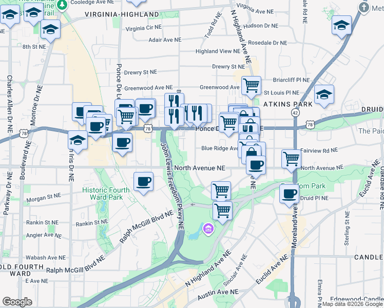 map of restaurants, bars, coffee shops, grocery stores, and more near 644 Linwood Avenue Northeast in Atlanta