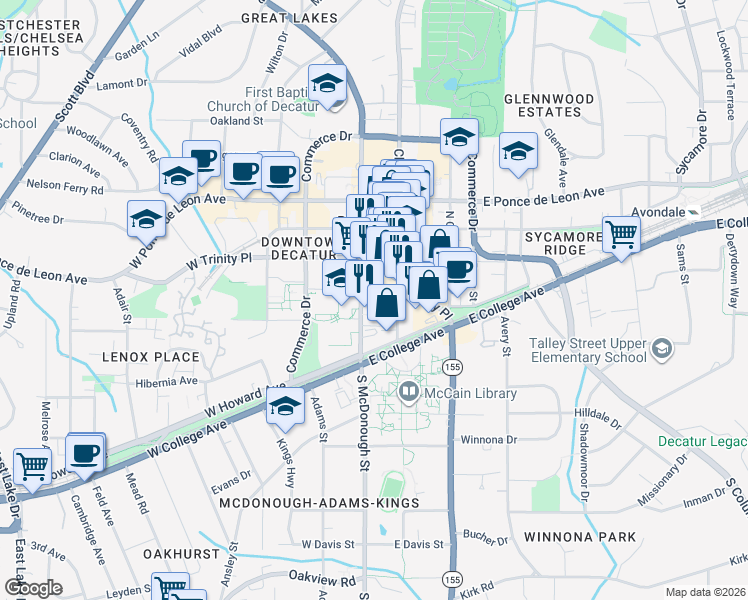 map of restaurants, bars, coffee shops, grocery stores, and more near 220 Church Street in Decatur